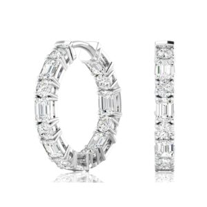 Emerald and Round Diamond Hoop Earrings